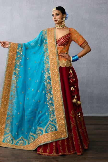 Buy Torani Red Organza, Net Sequins, Saroj Shreeja Bridal Peplum Blouse Lehenga Set Buy_Torani_Red Organza, Net Sequins, Saroj Shreeja Bridal Peplum Blouse Lehenga Set