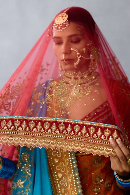 Shop Torani Red Organza, Net Sequins, Saroj Shreeja Bridal Peplum Blouse Lehenga Set Shop_Torani_Red Organza, Net Sequins, Saroj Shreeja Bridal Peplum Blouse Lehenga Set