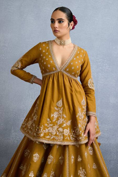 Buy_Torani_Yellow Organza, Jersey Zari, Mehre Heer Mughal Floral Embroidered Lehenga Set _Online_at_Aza_Fashions