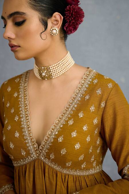 Shop_Torani_Yellow Organza, Jersey Zari, Mehre Heer Mughal Floral Embroidered Lehenga Set 