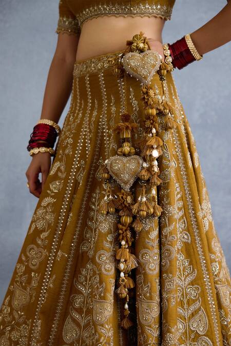 Torani_Yellow Organza, Silk, Jersey, Mehre Ishiqa Stripe Embroidered Bridal Lehenga Set _Online_at_Aza_Fashions