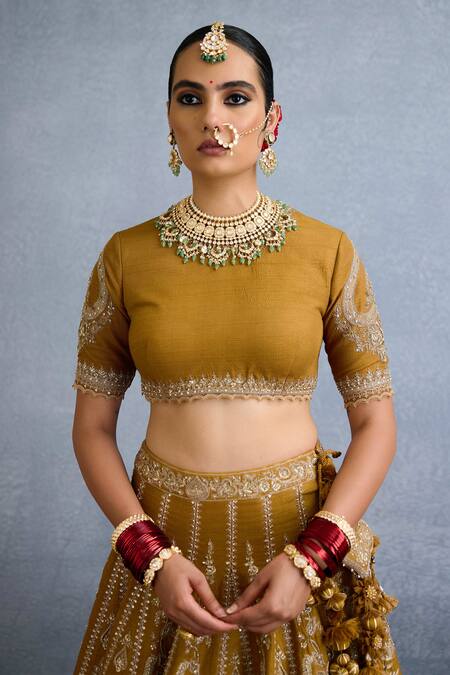 Buy_Torani_Yellow Organza, Silk, Jersey, Mehre Ishiqa Stripe Embroidered Bridal Lehenga Set _Online_at_Aza_Fashions