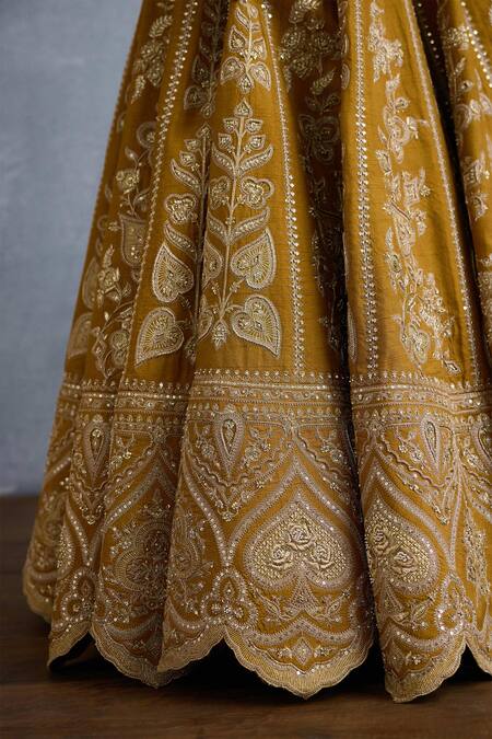 Shop_Torani_Yellow Organza, Silk, Jersey, Mehre Ishiqa Stripe Embroidered Bridal Lehenga Set _Online_at_Aza_Fashions