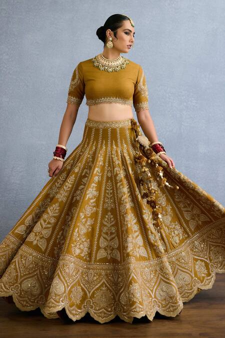 Torani_Yellow Organza, Silk, Jersey, Mehre Ishiqa Stripe Embroidered Bridal Lehenga Set _at_Aza_Fashions