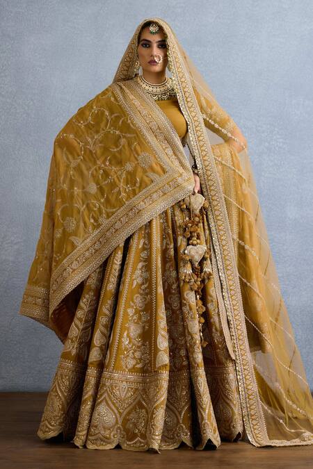 Shop_Torani_Yellow Organza, Silk, Jersey, Mehre Ishiqa Stripe Embroidered Bridal Lehenga Set 
