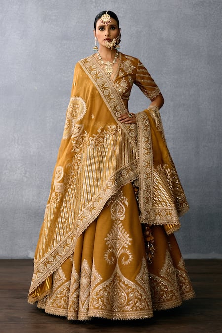 Torani Yellow Jeni Silk Embroidery Zardozi Plunge V Mehre Sultana Bridal Lehenga Set 