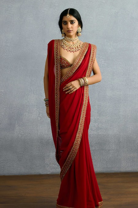 Torani Red Georgette, Silk Sequins Shamse Lasika Embroidered Border Saree Online at Aza Fashions Torani_Red Georgette, Silk Sequins Shamse Lasika Embroidered Border Saree _Online_at_Aza_Fashions