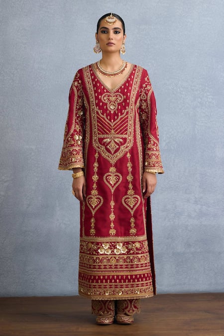 Torani Red Silk, Jersey, Georgette Embroidery, Shamse Anjum Dori Kurta Pant Set Online at Aza Fashions Torani_Red Silk, Jersey, Georgette Embroidery, Shamse Anjum Dori Kurta Pant Set _Online_at_Aza_Fashions