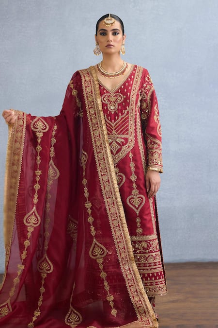 Shop Torani Red Silk, Jersey, Georgette Embroidery, Shamse Anjum Dori Kurta Pant Set Online at Aza Fashions Shop_Torani_Red Silk, Jersey, Georgette Embroidery, Shamse Anjum Dori Kurta Pant Set _Online_at_Aza_Fashions