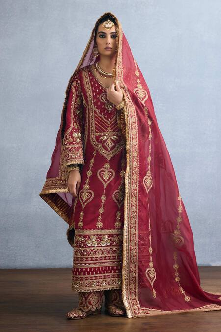Torani Red Silk, Jersey, Georgette Embroidery, Shamse Anjum Dori Kurta Pant Set at Aza Fashions Torani_Red Silk, Jersey, Georgette Embroidery, Shamse Anjum Dori Kurta Pant Set _at_Aza_Fashions