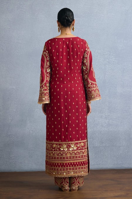 Shop Torani Red Silk, Jersey, Georgette Embroidery, Shamse Anjum Dori Kurta Pant Set at Aza Fashions Shop_Torani_Red Silk, Jersey, Georgette Embroidery, Shamse Anjum Dori Kurta Pant Set _at_Aza_Fashions