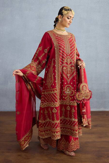 Torani Red Silk, Jersey Sequins, Embroidery Shamse Jabeen Dori Long Kurta Pant Set Online at Aza Fashions Torani_Red Silk, Jersey Sequins, Embroidery Shamse Jabeen Dori Long Kurta Pant Set _Online_at_Aza_Fashions