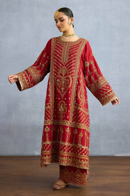 Buy Torani Red Silk, Jersey Sequins, Embroidery Shamse Jabeen Dori Long Kurta Pant Set Online at Aza Fashions Buy_Torani_Red Silk, Jersey Sequins, Embroidery Shamse Jabeen Dori Long Kurta Pant Set _Online_at_Aza_Fashions