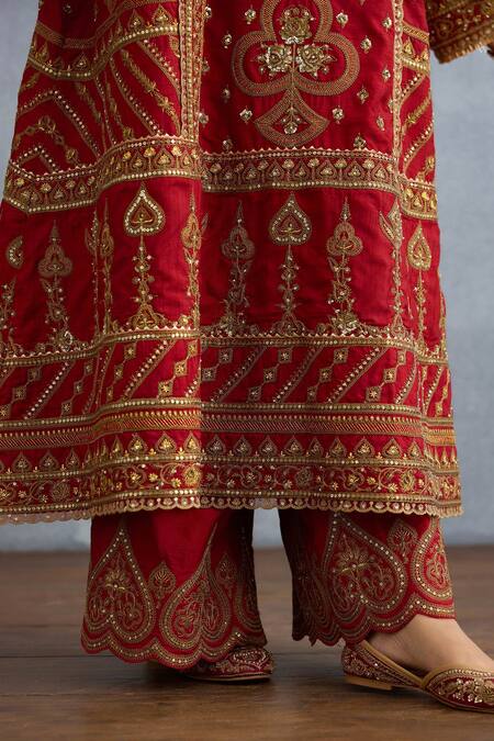 Shop Torani Red Silk, Jersey Sequins, Embroidery Shamse Jabeen Dori Long Kurta Pant Set Online at Aza Fashions Shop_Torani_Red Silk, Jersey Sequins, Embroidery Shamse Jabeen Dori Long Kurta Pant Set _Online_at_Aza_Fashions