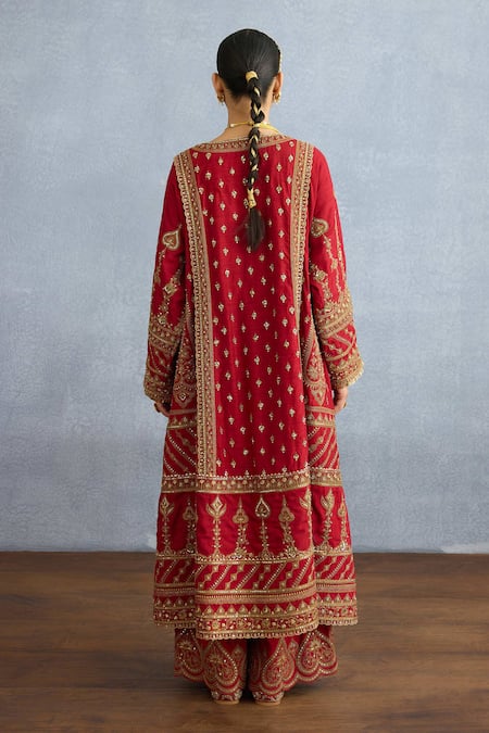 Shop Torani Red Silk, Jersey Sequins, Embroidery Shamse Jabeen Dori Long Kurta Pant Set at Aza Fashions Shop_Torani_Red Silk, Jersey Sequins, Embroidery Shamse Jabeen Dori Long Kurta Pant Set _at_Aza_Fashions
