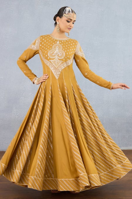 Torani_Yellow Jersey Crystals, Diamonds, Embroidery Round Mehre Reja Dori Anarkali Set _Online_at_Aza_Fashions