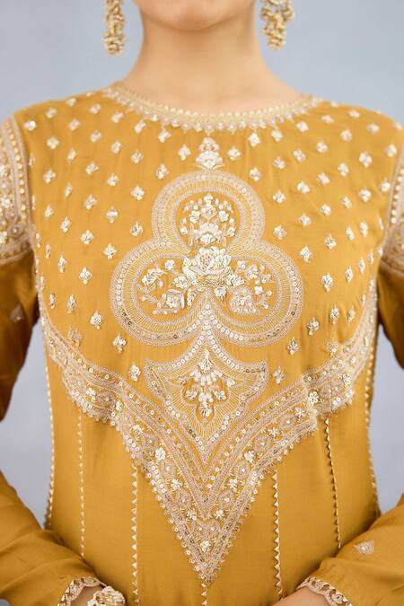 Buy_Torani_Yellow Jersey Crystals, Diamonds, Embroidery Round Mehre Reja Dori Anarkali Set _Online_at_Aza_Fashions