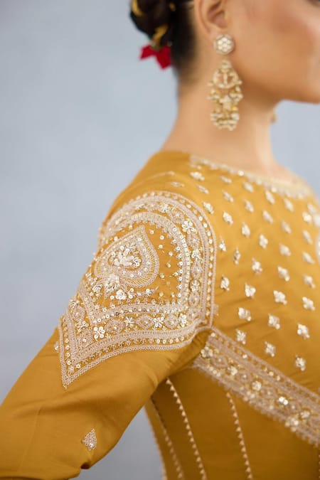 Shop_Torani_Yellow Jersey Crystals, Diamonds, Embroidery Round Mehre Reja Dori Anarkali Set _Online_at_Aza_Fashions