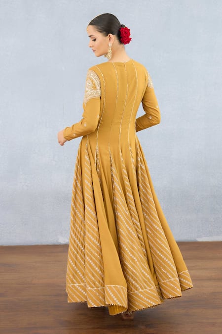 Shop_Torani_Yellow Jersey Crystals, Diamonds, Embroidery Round Mehre Reja Dori Anarkali Set _at_Aza_Fashions