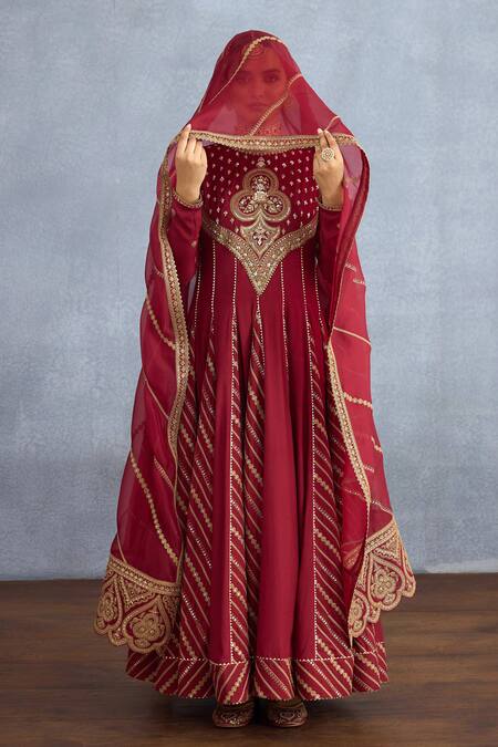 Shop Torani Red Jersey, Chiffon Crystals, Sequins, Shamse Reja Blossom Dori Anarkali Set Online at Aza Fashions Shop_Torani_Red Jersey, Chiffon Crystals, Sequins, Shamse Reja Blossom Dori Anarkali Set _Online_at_Aza_Fashions