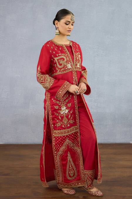 Torani Red Organza, Jersey, Shamse Misa Floral Vine Dori Embroidered Jacket Pant Set Online at Aza Fashions Torani_Red Organza, Jersey, Shamse Misa Floral Vine Dori Embroidered Jacket Pant Set _Online_at_Aza_Fashions