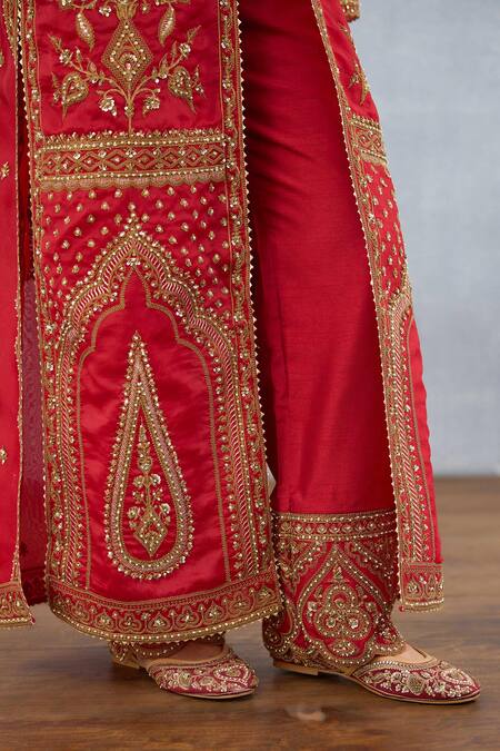 Buy Torani Red Organza, Jersey, Shamse Misa Floral Vine Dori Embroidered Jacket Pant Set Online at Aza Fashions Buy_Torani_Red Organza, Jersey, Shamse Misa Floral Vine Dori Embroidered Jacket Pant Set _Online_at_Aza_Fashions