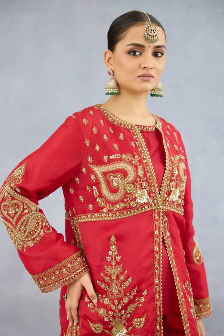 Shop Torani Red Organza, Jersey, Shamse Misa Floral Vine Dori Embroidered Jacket Pant Set Online at Aza Fashions Shop_Torani_Red Organza, Jersey, Shamse Misa Floral Vine Dori Embroidered Jacket Pant Set _Online_at_Aza_Fashions