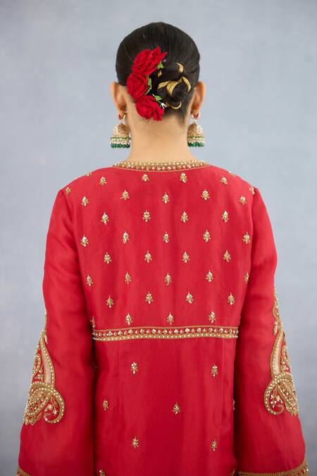 Torani Red Organza, Jersey, Shamse Misa Floral Vine Dori Embroidered Jacket Pant Set at Aza Fashions Torani_Red Organza, Jersey, Shamse Misa Floral Vine Dori Embroidered Jacket Pant Set _at_Aza_Fashions