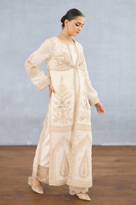 Torani_Ivory Organza, Jersey, Silk Sequins, Maahe Misa Floral Vine Jacket Pant Set _Online_at_Aza_Fashions