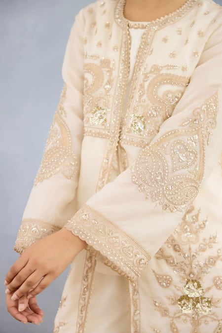 Torani_Ivory Organza, Jersey, Silk Sequins, Maahe Misa Floral Vine Jacket Pant Set _at_Aza_Fashions