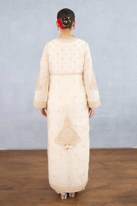 Shop_Torani_Ivory Organza, Jersey, Silk Sequins, Maahe Misa Floral Vine Jacket Pant Set _at_Aza_Fashions