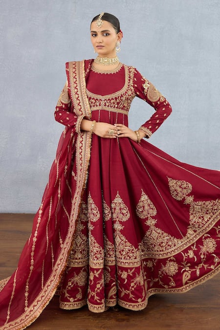 Torani Red Jeni Silk Embroidered Dori Round Shamse Rano Botanic Anarkali Set 