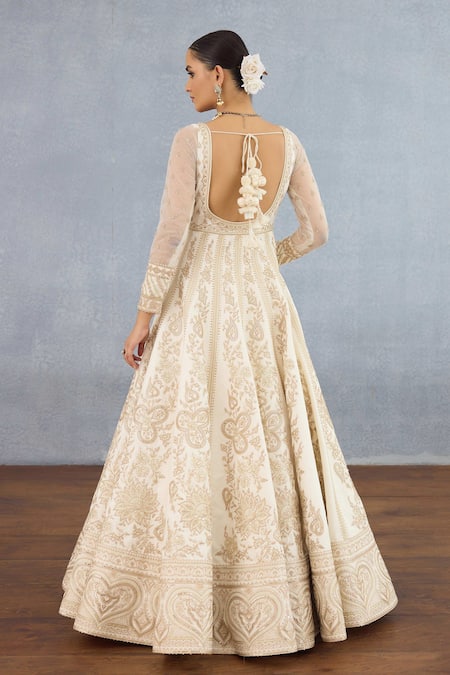 Shop Torani Ivory Jersey Diamonds, Embroidery Maahe Runa Lotus Vine Anarkali With Dupatta at Aza Fashions Shop_Torani_Ivory Jersey Diamonds, Embroidery Maahe Runa Lotus Vine Anarkali With Dupatta _at_Aza_Fashions