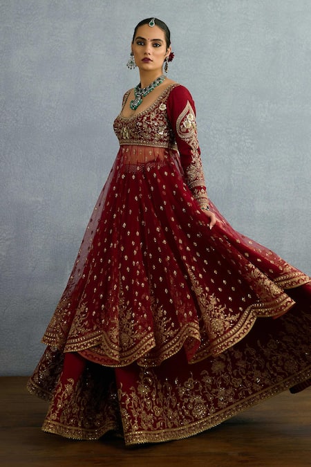 Torani Red Jersey, Silk, Net Sequins, Gota Shamse Raazi Scalloped Anarkali Lehenga Set Online at Aza Fashions Torani_Red Jersey, Silk, Net Sequins, Gota Shamse Raazi Scalloped Anarkali Lehenga Set _Online_at_Aza_Fashions