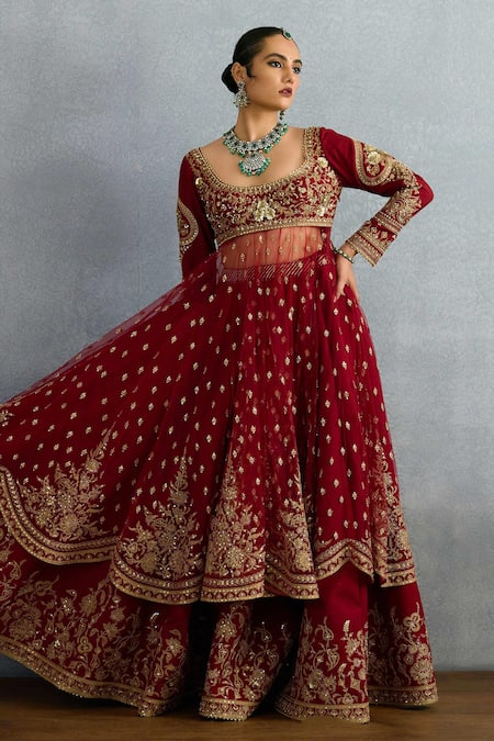 Shop Torani Red Jersey, Silk, Net Sequins, Gota Shamse Raazi Scalloped Anarkali Lehenga Set Online at Aza Fashions Shop_Torani_Red Jersey, Silk, Net Sequins, Gota Shamse Raazi Scalloped Anarkali Lehenga Set _Online_at_Aza_Fashions