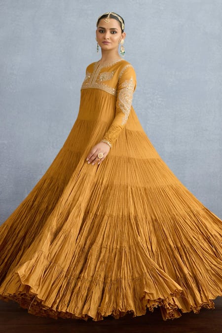 Shop Torani Yellow Muslin, Silk Embroidery, Mehre Minaj Floral Heart Anarkali With Dupatta Online at Aza Fashions Shop_Torani_Yellow Muslin, Silk Embroidery, Mehre Minaj Floral Heart Anarkali With Dupatta _Online_at_Aza_Fashions