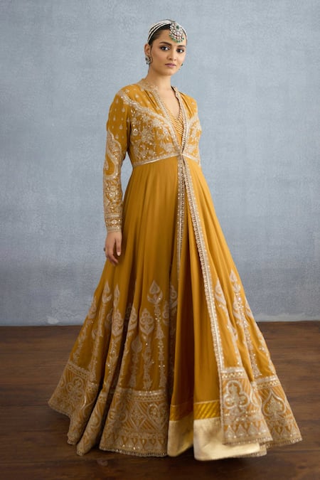 Torani Yellow Georgette, Muslin Mehre Jahan Embroidered Jacket With Angrakha Anarkali Online at Aza Fashions Torani_Yellow Georgette, Muslin Mehre Jahan Embroidered Jacket With Angrakha Anarkali _Online_at_Aza_Fashions