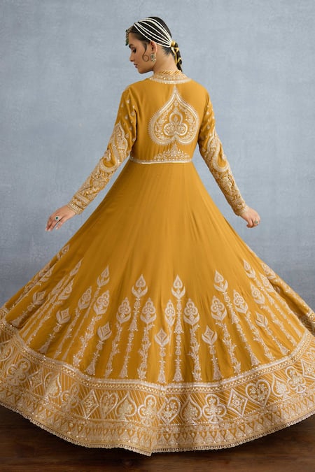 Shop Torani Yellow Georgette, Muslin Mehre Jahan Embroidered Jacket With Angrakha Anarkali at Aza Fashions Shop_Torani_Yellow Georgette, Muslin Mehre Jahan Embroidered Jacket With Angrakha Anarkali _at_Aza_Fashions