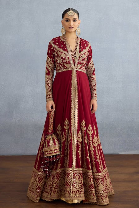 Torani Red Muslin Silk Embroidered Dori Jacket Shamse Jahan With Angrakha Anarkali 