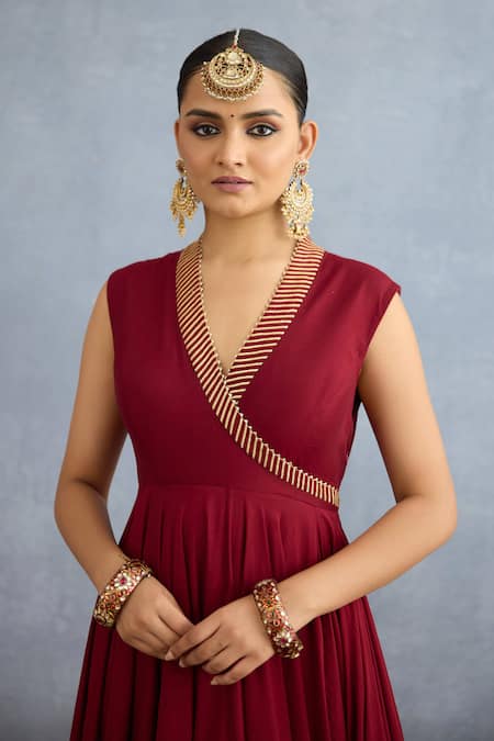 Shop Torani Red Georgette, Muslin Shamse Jahan Embroidered Jacket With Angrakha Anarkali Online at Aza Fashions Shop_Torani_Red Georgette, Muslin Shamse Jahan Embroidered Jacket With Angrakha Anarkali _Online_at_Aza_Fashions