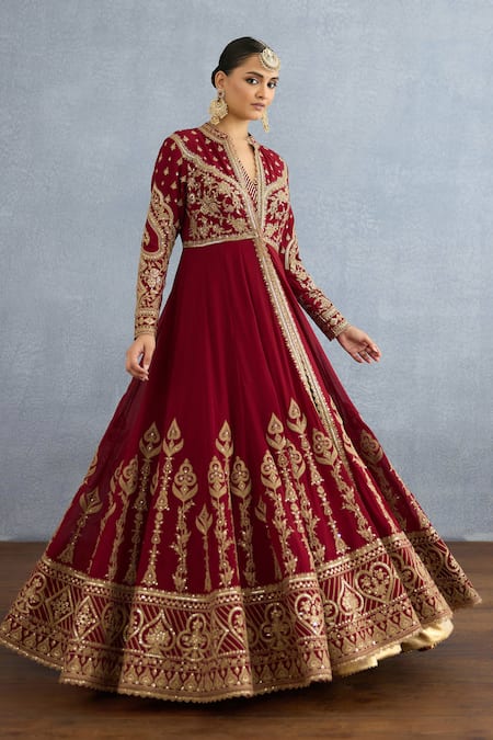 Torani Red Georgette, Muslin Shamse Jahan Embroidered Jacket With Angrakha Anarkali at Aza Fashions Torani_Red Georgette, Muslin Shamse Jahan Embroidered Jacket With Angrakha Anarkali _at_Aza_Fashions