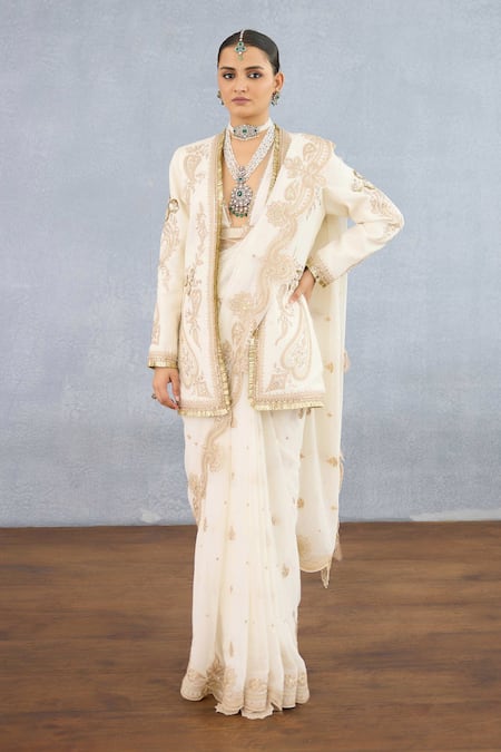 Torani Ivory Georgette Embroidered Dori Jacket Maahe Parthi Paisley Vine Saree Set 