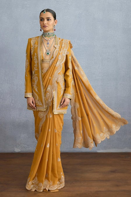 Torani Yellow Georgette Embroidered Dori Mehre Parthi Floral Paisley Vine Saree Set 