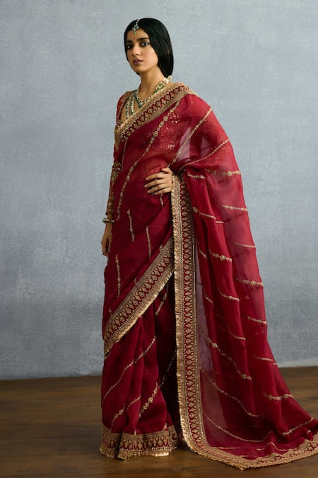 Torani Red Organza, Net Sequins, Lace Shamse Salwa Floral Stripe Embroidered Saree Online at Aza Fashions Torani_Red Organza, Net Sequins, Lace Shamse Salwa Floral Stripe Embroidered Saree _Online_at_Aza_Fashions