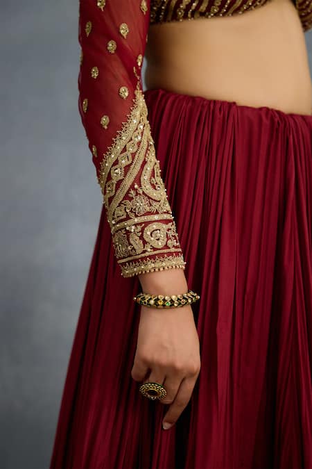 Torani Red Muslin, Silk Pearls, Beads, Zari Shamse Naazia Embroidered Lehenga Set Online at Aza Fashions Torani_Red Muslin, Silk Pearls, Beads, Zari Shamse Naazia Embroidered Lehenga Set _Online_at_Aza_Fashions
