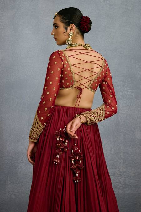 Shop Torani Red Muslin, Silk Pearls, Beads, Zari Shamse Naazia Embroidered Lehenga Set Online at Aza Fashions Shop_Torani_Red Muslin, Silk Pearls, Beads, Zari Shamse Naazia Embroidered Lehenga Set _Online_at_Aza_Fashions