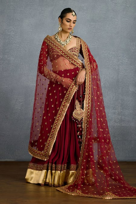 Torani Red Muslin, Silk Pearls, Beads, Zari Shamse Naazia Embroidered Lehenga Set at Aza Fashions Torani_Red Muslin, Silk Pearls, Beads, Zari Shamse Naazia Embroidered Lehenga Set _at_Aza_Fashions