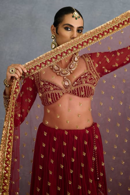 Buy Torani Red Muslin, Silk Pearls, Beads, Zari Shamse Naazia Embroidered Lehenga Set Buy_Torani_Red Muslin, Silk Pearls, Beads, Zari Shamse Naazia Embroidered Lehenga Set