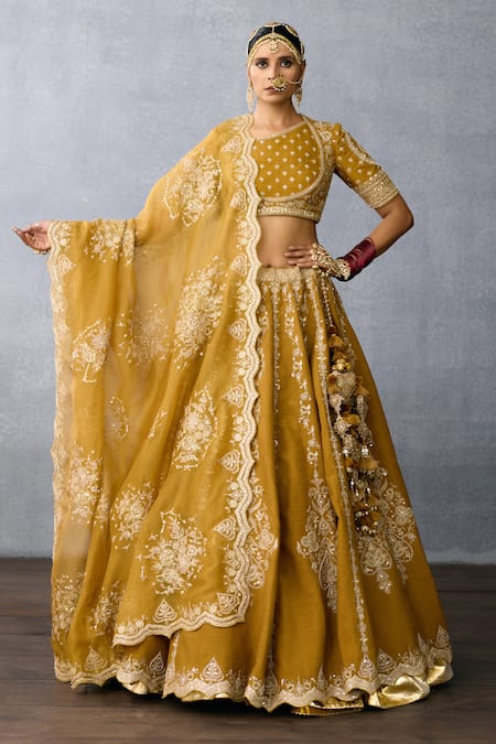 Torani_Yellow Organza, Jersey Pearls, Beads, Zari Mehre Embroidered Lehenga Set _Online_at_Aza_Fashions