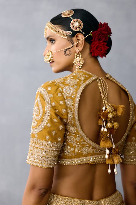 Buy_Torani_Yellow Organza, Jersey Pearls, Beads, Zari Mehre Embroidered Lehenga Set _Online_at_Aza_Fashions